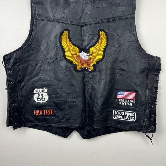 Diamond Plate Black Genuine Buffalo Leather Motorcycle Vest w/ Patches Size 2X - Picture 5 of 7